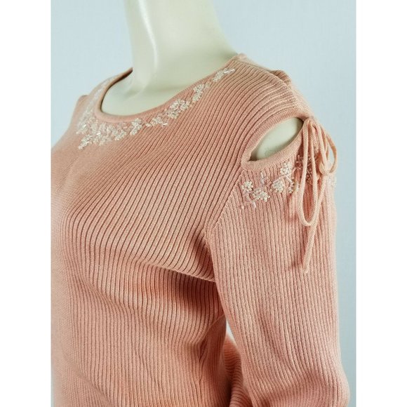 CHRISTINE PHILLIPE peach peekaboo sleeves beaded Sweater size Large - Picture 8 of 11